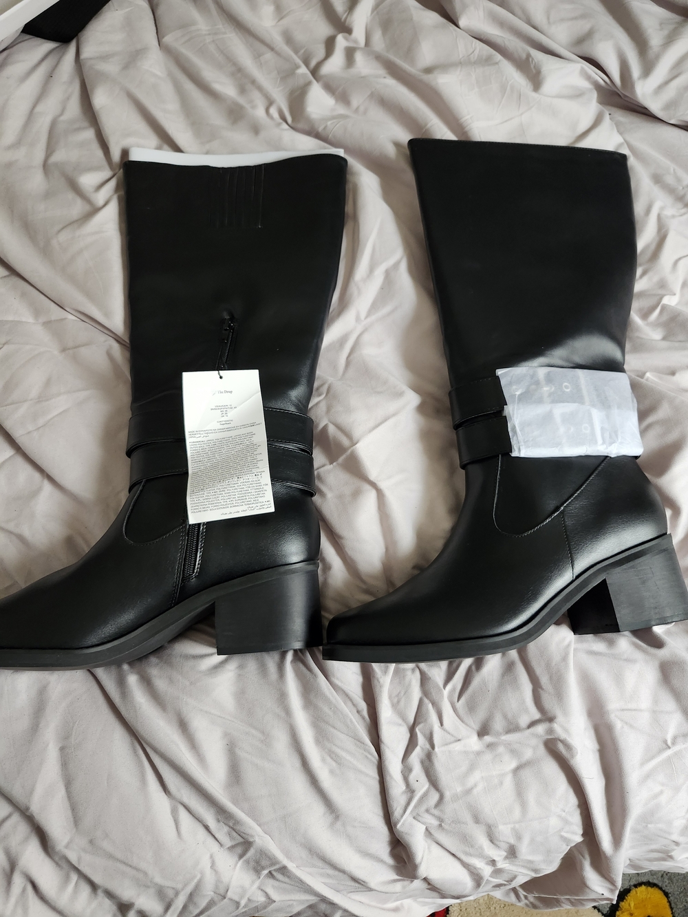 Women's Black Mid-Calf Heeled Boots with Strap Detail